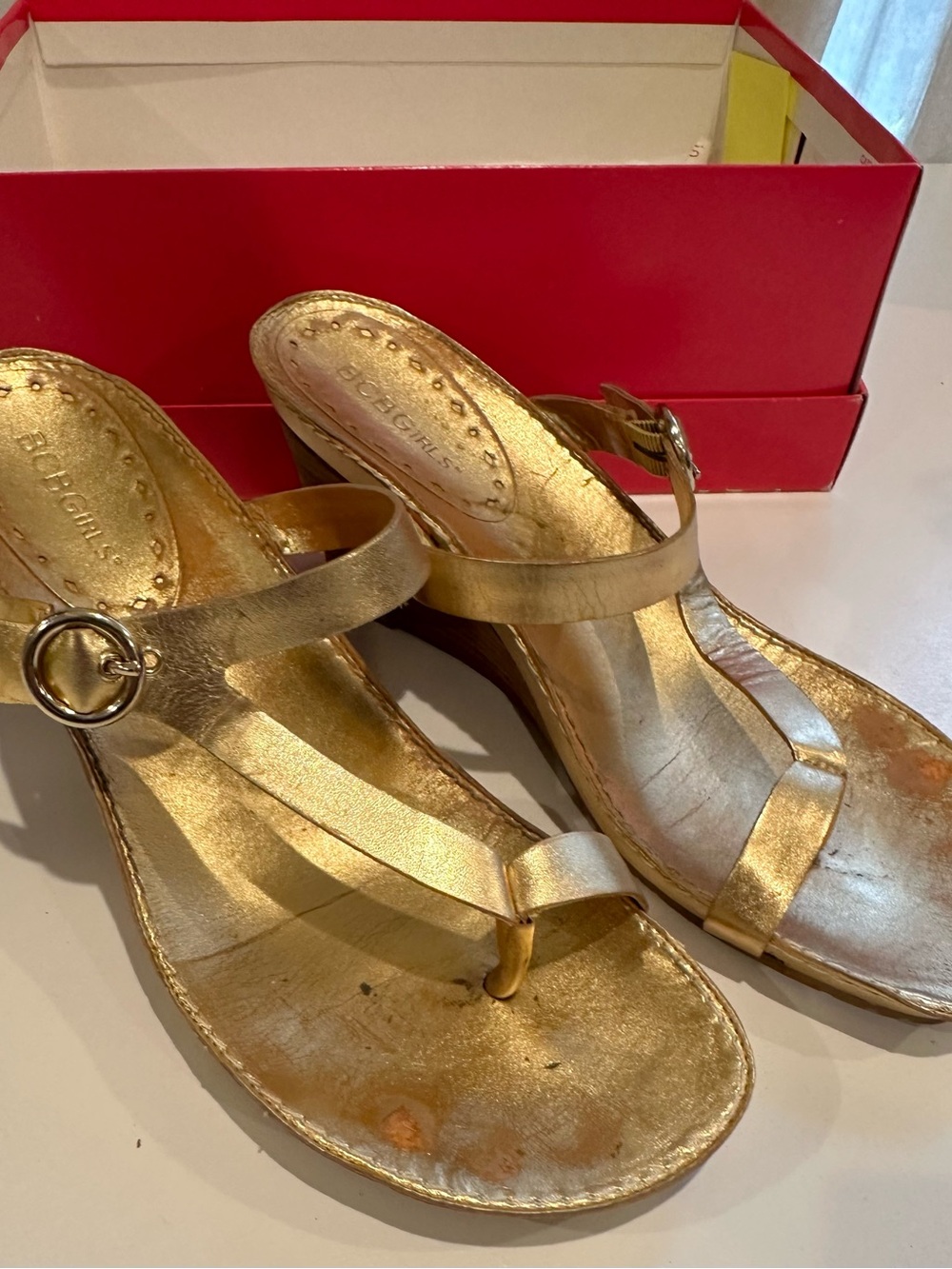 BCBGirls Gold Wedge Sandals with Ankle Strap